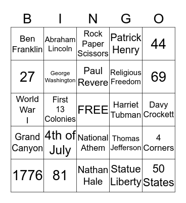 US Trivia  Bingo Card