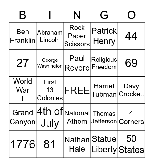 US Trivia  Bingo Card