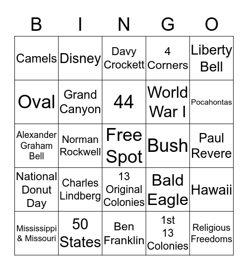 US Trivia  Bingo Card