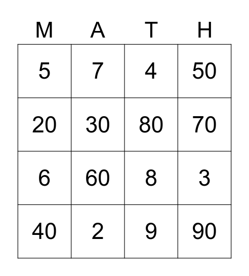 Place Value Bingo Card