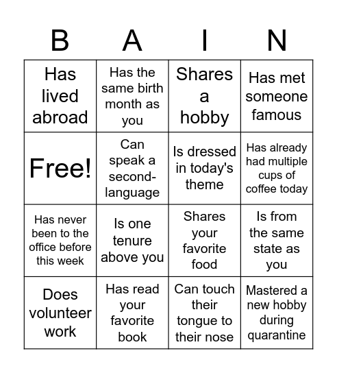 Find a Bainee who.... Bingo Card