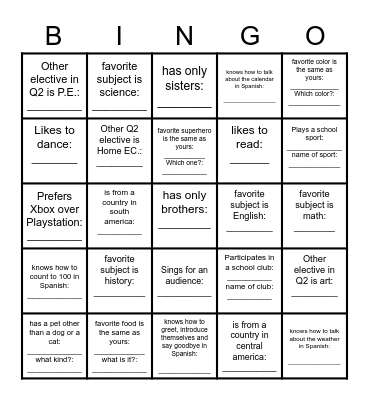 6th Grade IceBreaker Bingo Card