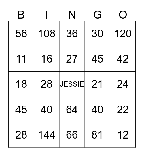 Hey Jessie!! Multiplication Bingo Game Bingo Card