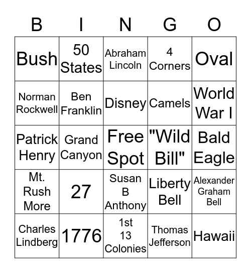 US Trivia  Bingo Card