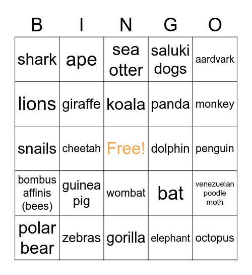 Animal Awareness Club Bingo! Bingo Card