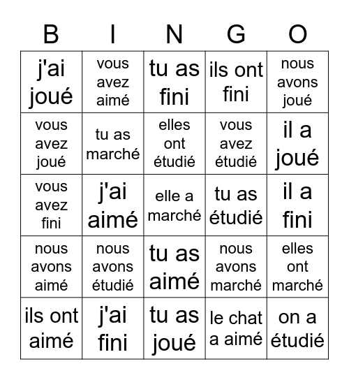 Passé Composé Bingo Card