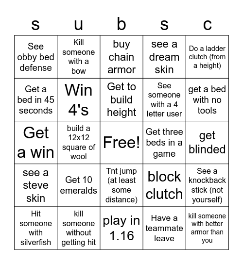 bedwars bingo Card