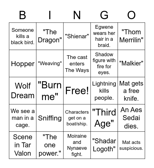 Wheel Of Time Bingo Card