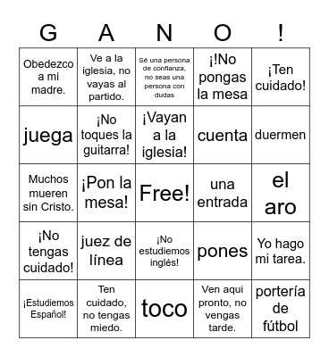 Spanish 2 Bingo Card