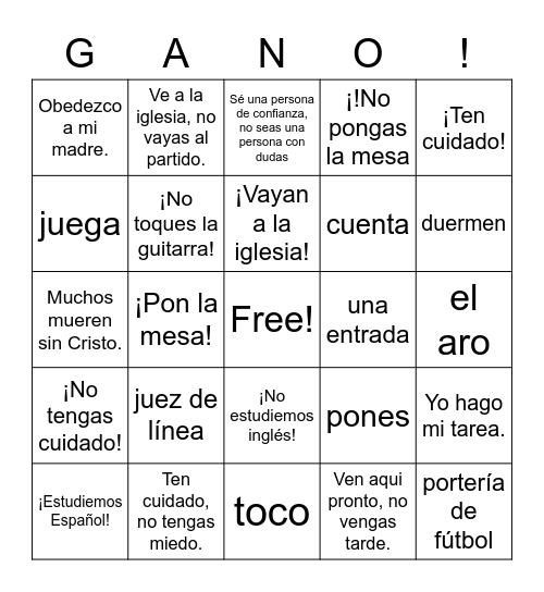 Spanish 2 Bingo Card
