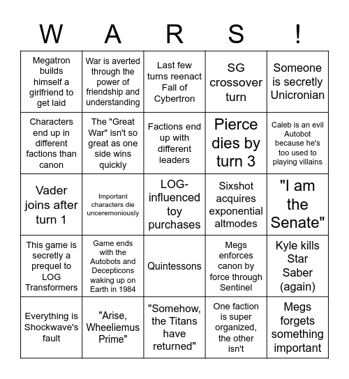 LOG War for Cybertron Bingo Card