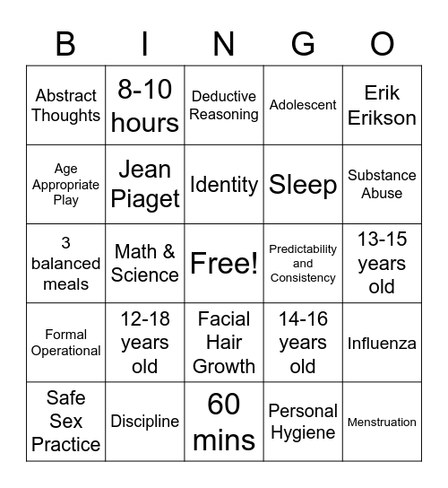 Adolescent Review Bingo Card