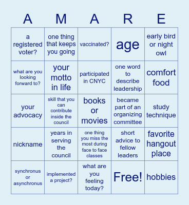 Canossa Student Council Meeting Bingo Card