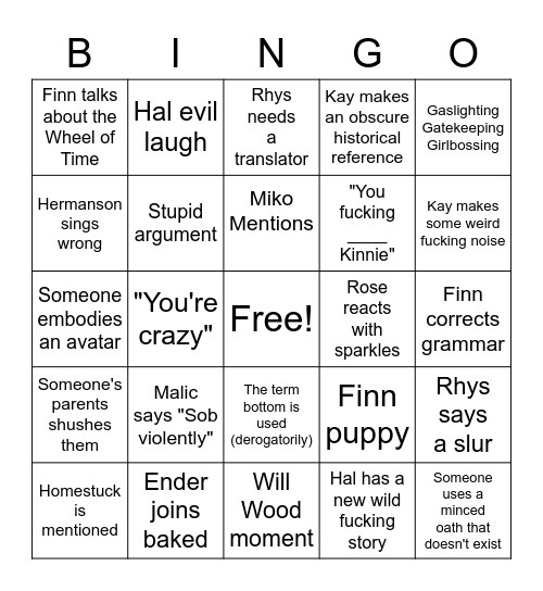 Homomies vc Bingo Card