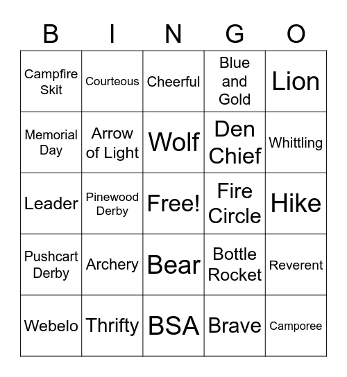 Cub Scout Bingo Card