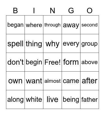 Some Sight Words Bingo Card
