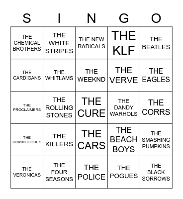 702 ARTISTS STARTING WITH ‘THE‘ Bingo Card