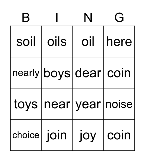 oy/oi and ear/ere/eer Bingo Card
