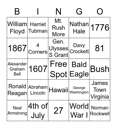 US Trivia  Bingo Card