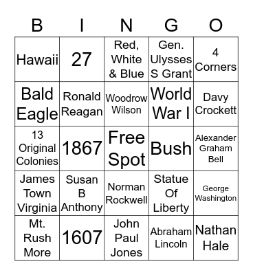 US Trivia  Bingo Card