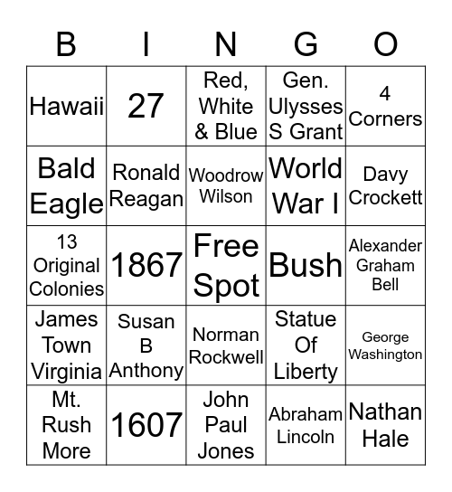 US Trivia  Bingo Card