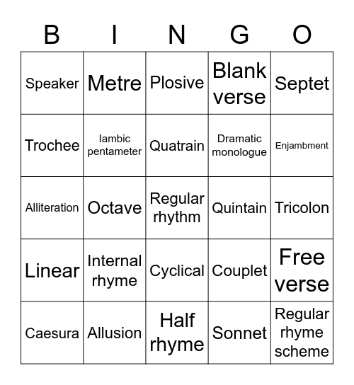 Poetic Terminology Bingo Card