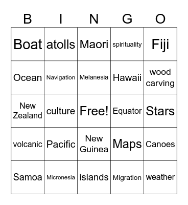 Polynesia Bingo Card