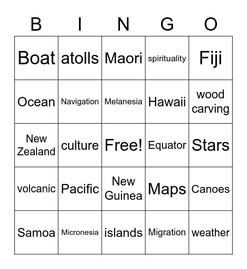 Polynesia Bingo Card