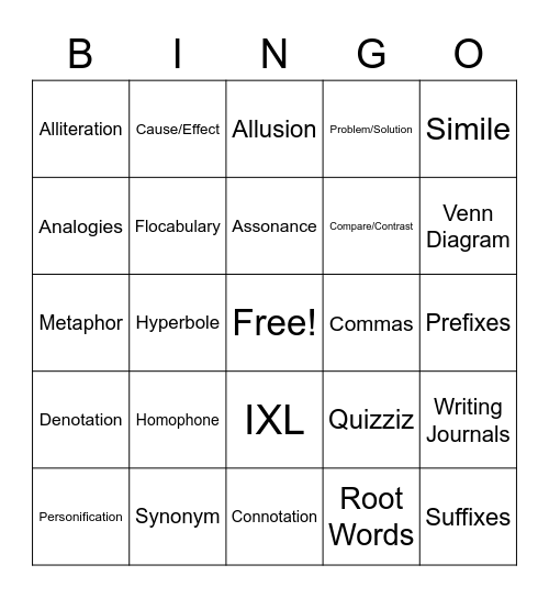 ELA WORD BINGO Card