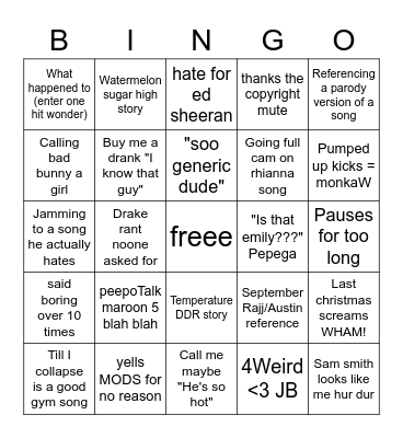 Top (insert number) songs on spotify (insert month) Bingo Card