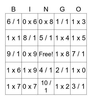 0 and 1 Multiplication Facts Bingo Card