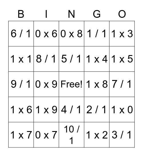 0 and 1 Multiplication Facts Bingo Card