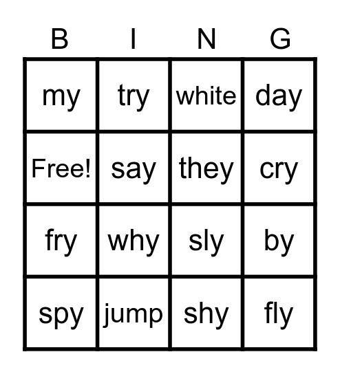 Y as Vowel Bingo Card