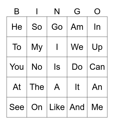 Level A Sight Words Bingo Card