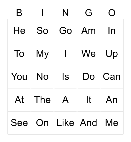 Level A Sight Words Bingo Card