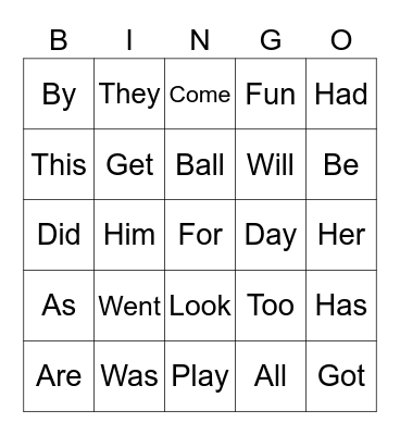 Level B Sight Words Bingo Card