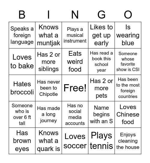 Classmate Bingo Card