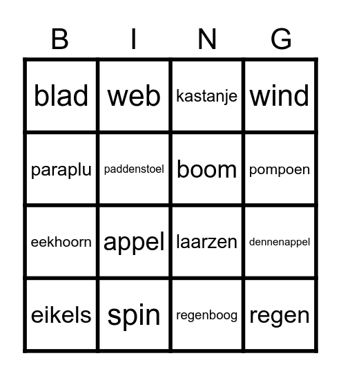 herfstwoorden Bingo Card