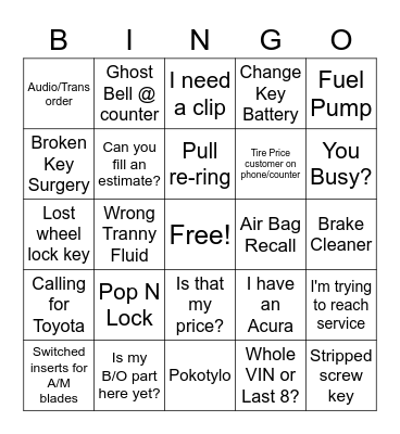 Parts Dept. Bingo! Bingo Card