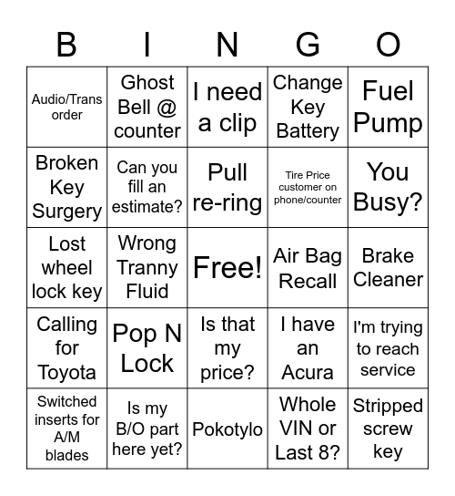 Parts Dept. Bingo! Bingo Card