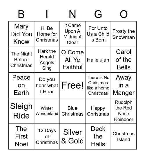 Holiday Music Bingo Card
