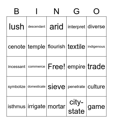 Unit 2 Vocabulary Bingo Card