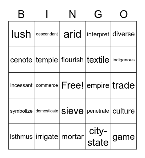 Unit 2 Vocabulary Bingo Card