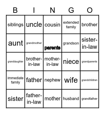 Family Vocabulary Bingo Card