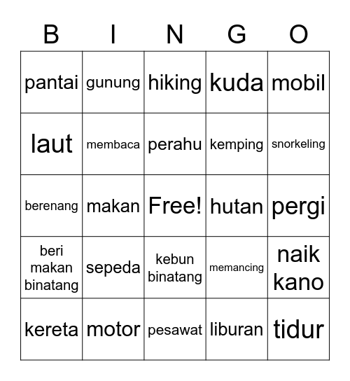 Unit 1 : liburan Bingo Card