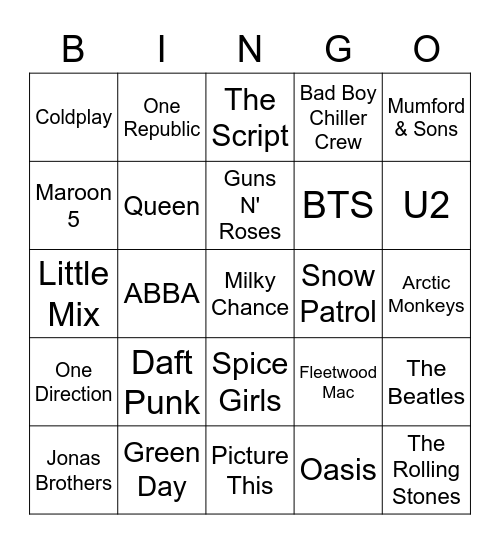 Guess the band Bingo Card