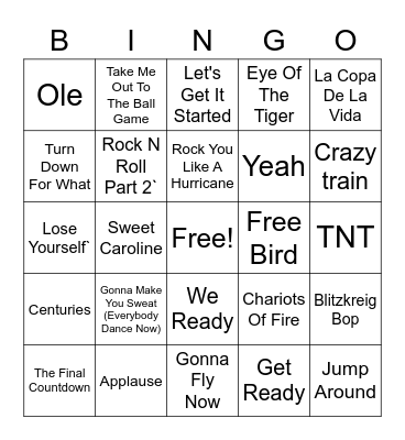 Stadium Songs Bingo Card