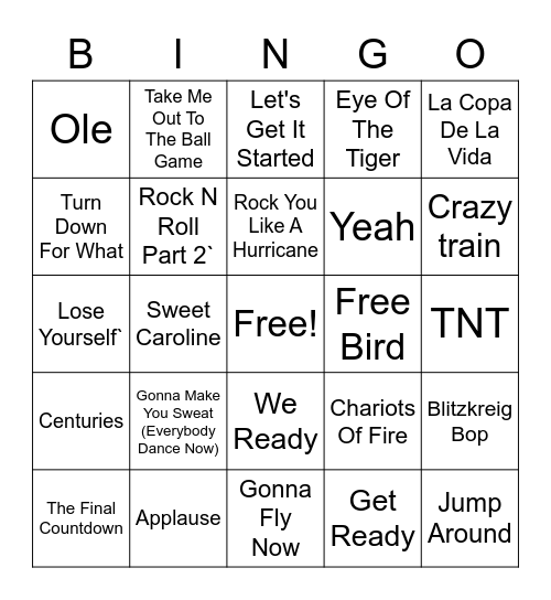 Stadium Songs Bingo Card