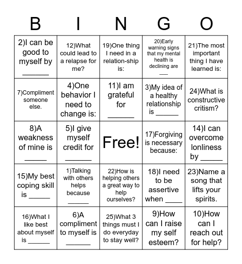 Mental Health Bingo Card