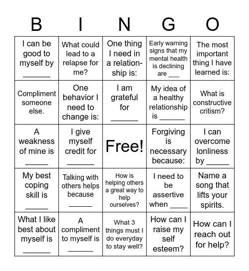 Mental Health Bingo Card